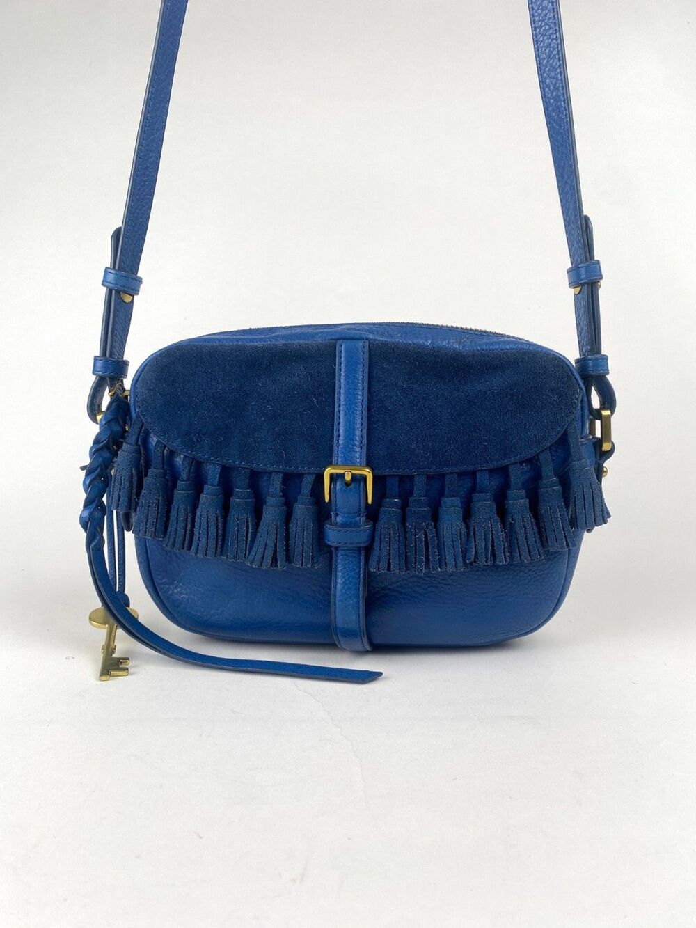 Fossil Kendall Crossbody Bag Marine Blue Leather Suede Fringe Tassel Purse